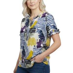 CHICO'S Size 2 US L Beachy Tropical Print Top Blouse Tunic Short Ruffled Sleeves